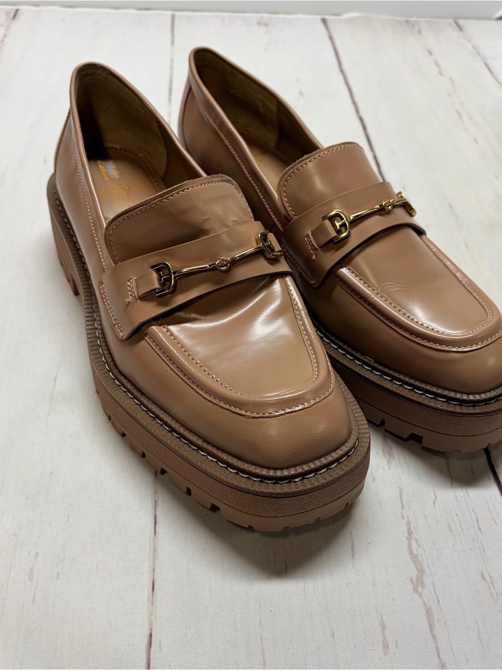 Sam Edelman Loraine Ecru Patent Leather Lug Sole Horsebit Loafers Size 9 - Picture 3 of 8